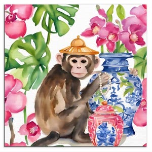 May include: Watercolor painting of a monkey wearing a straw hat, holding a pearl necklace, and sitting next to a blue and white vase. Pink orchids and green tropical leaves surround the monkey and vase. A smaller pink and blue jar is in front of the vase.