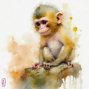 Stampa acquerello di adorabile scimmietta - Giclée di alta qualità su carta ruvida, firmata, realizzata su ordinazione - Regalo d'arte da parete per la cameretta dei bambini