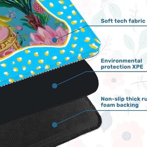 May include: A layered product with a soft tech fabric top featuring a colourful floral and fruit design. The middle layer is environmental protection XPE, and the bottom layer is a non-slip thick rubber foam backing.