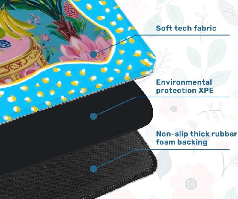 May include: A layered product with a soft tech fabric top featuring a colourful floral and fruit design. The middle layer is environmental protection XPE, and the bottom layer is a non-slip thick rubber foam backing.