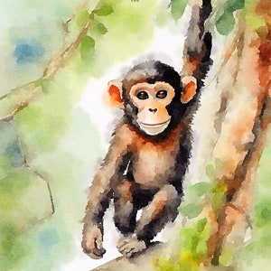 Entzückender Baby Affe Baum Klettern Aquarell Druck | Giclee Archival Ink auf dickem Hahnemühle Papier | Signiert und auf Bestellung gemacht