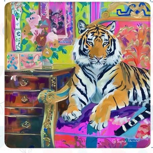May include: A colorful, artistic rendering of a tiger reclining on a vibrant pink and purple patterned surface. The tiger has orange and black stripes, with a white chest and face. The background includes a dresser, flowers, and framed artwork.