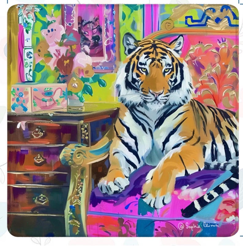 May include: A colorful, artistic rendering of a tiger reclining on a vibrant pink and purple patterned surface. The tiger has orange and black stripes, with a white chest and face. The background includes a dresser, flowers, and framed artwork.