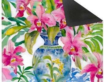 Tapis de mahjong preppy avec sac blanc, orchidées roses dans un pot de gingembre bleu et blanc
