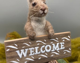 Wool Easter Bunny, Hand painted Wood Sign, Organic Spring Decor, Handmade Folk-Art, Rabbit Lover Gift, Cute Woodland Creature, Baby’s Room