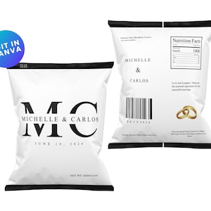 May include: A white crisp bag with a black border and the text "MC" in large black letters. The text "Michelle & Carlos" is below the letters and the date "June 19, 2024" is below that. The text "NET WT. Infinite Love" is at the bottom of the bag.