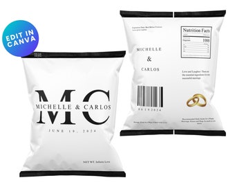 May include: A white crisp bag with a black border and the text "MC" in large black letters. The text "Michelle & Carlos" is below the letters and the date "June 19, 2024" is below that. The text "NET WT. Infinite Love" is at the bottom of the bag.