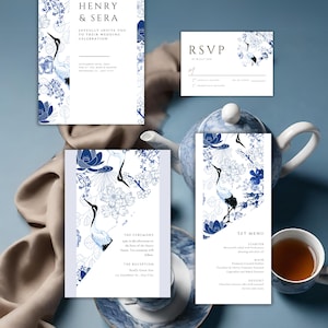 Blue Willow China-uitnodigingsset - Chinese fusion, Chinese bruiloft, Aziatische fusion, blauw, porseleinen bruiloft, blauw-witte bruiloft, bundel