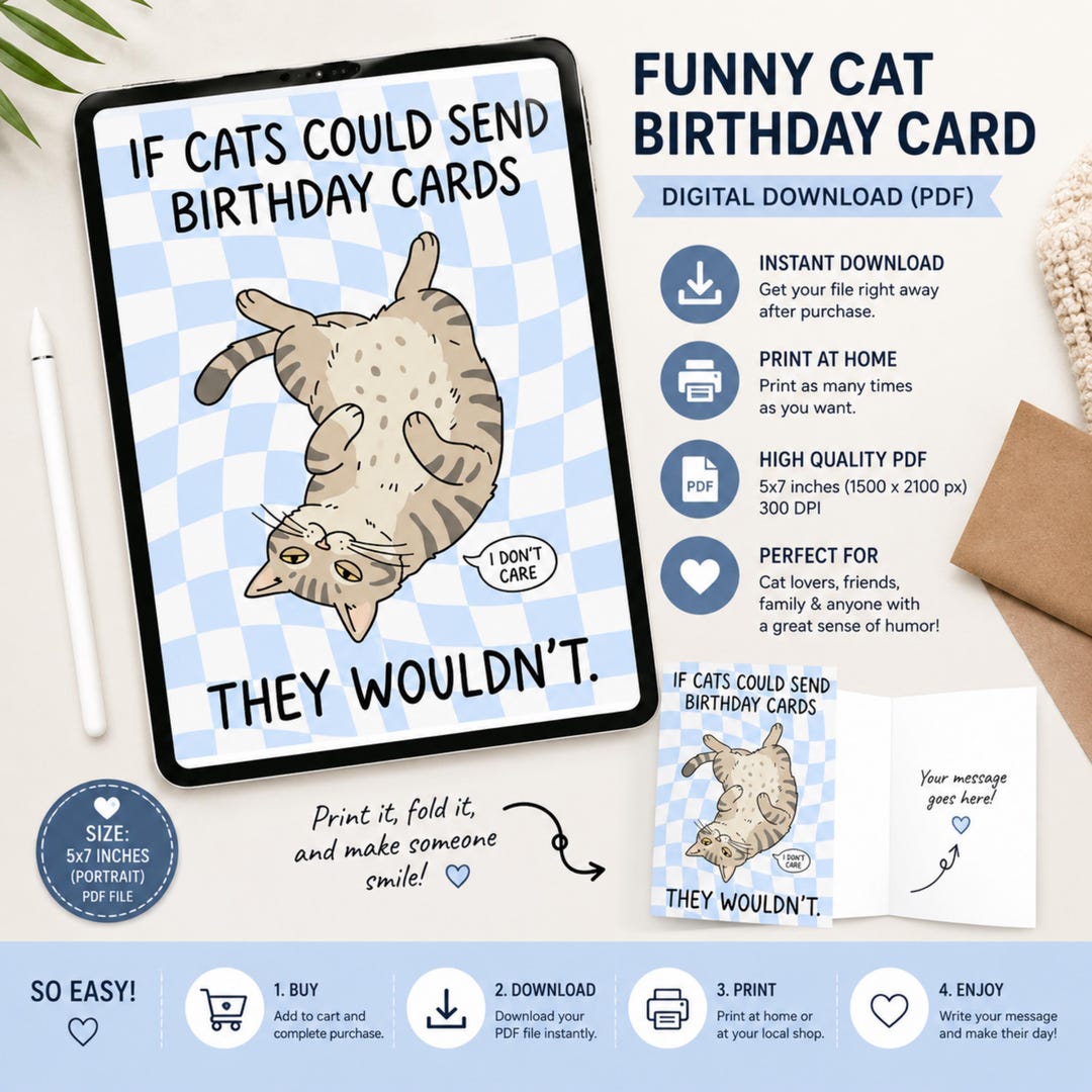 Printable Funny Cat Birthday Card - Instant Download Digital Greeting ...