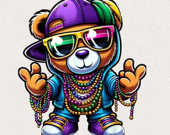 May include: A cartoon bear wearing a purple baseball cap, multicolored sunglasses, and a blue hoodie. The bear is adorned with multiple strands of colorful beaded necklaces and is wearing purple and white sneakers. The text MIMMI is above.