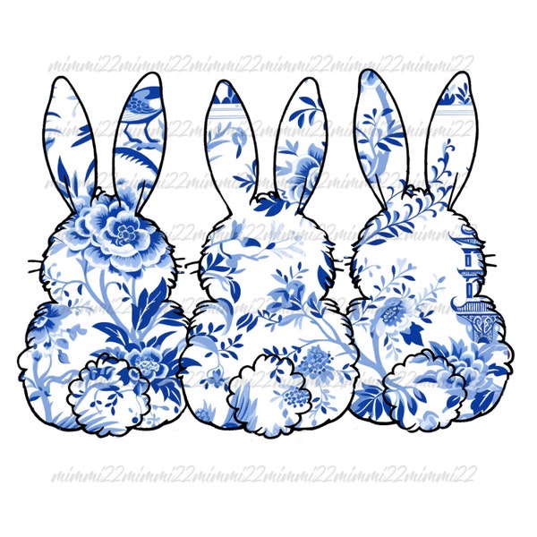 Bunny Trio Chinoiserie Bunnies,Blue Willow Floral,Spring Easter,Easter Design,Bunny Chinoiserie,Blue Chinoiserie,Digital Download PNG