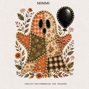 Puede incluir: Una ilustración de fantasma de patchwork con patrones florales y de cuadros en naranja, verde y crema con costuras visibles. El fantasma sostiene un globo negro y está rodeado de elementos botánicos naranjas y verdes con el texto MIMMI.
