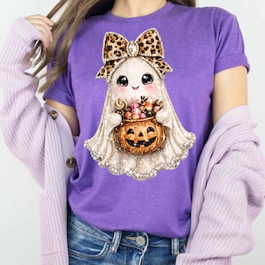 Fantasma di Halloween PNG, Boujee PNG, Stampa leopardata PNG, Fantasma spettrale, Grafica fantasma, Design per sublimazione, Fantasma con fiocco leopardato, Maglietta di Halloween PNG