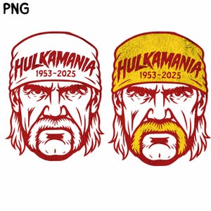 May include: Two illustrations of a man's face with a mustache and goatee, wearing a bandana. One bandana is white, the other yellow. Both images have the text "HULKAMANIA 1953-2025" in red.