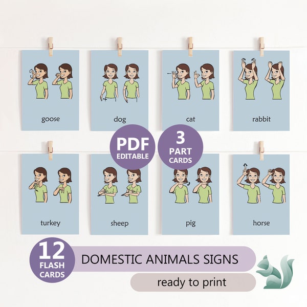 Domestic Animals Sign Language Flashcards, American Sign Language Farm Animals Charts,  Nomenclature Montessori and Toddler 3 Part Card