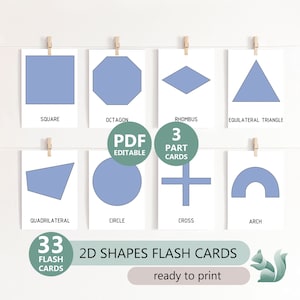 2D SHAPES Flashcards - 33 listes de formes géométriques bidimensionnelles avec images, cartes de nomenclature, école préscolaire à la maison, cartes en 3 parties
