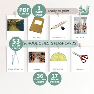 SCHULOBJEKTE Mit echten Bildern - 53 bearbeitbare Schule-Karteikarten, Nomenklatur dreiteilige Karten, PDF-Download, Montessori-Schule-Karteikarten