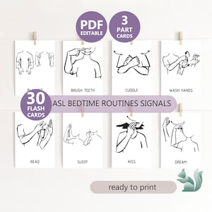 ASL BEDTIME ROUTINES Hand Sıgnals Vokabeln, Amerikanische Gebärdensprache Gute-Nacht-Wörter, Montessori und Kleinkind, Sonderpädagogik, 3 Teilige Karten