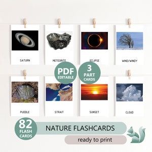 Sistema solar, clima, corpos d'água Imagens reais - 82 cartões flash editáveis da natureza, educacionais, ensino doméstico pré-escolar, cartões de três partes