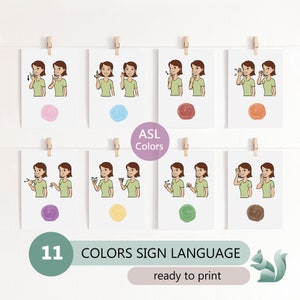 Amerikaanse gebarentaal kleurenflitskaarten, educatieve ASL-kleurenkaarten, Montessori-materiaal en peuter in ASL-handsignalen leren