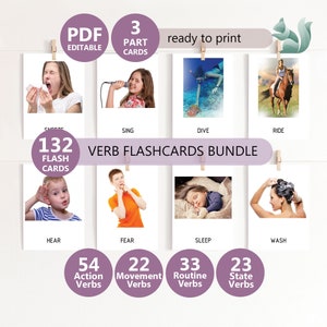 FLASHCARDS DE VERBOS Con Imágenes Reales -132 Tarjetas Flash de Verbos - Acción, Movimiento, Rutina, Paquete de Tarjetas Flash de Verbos Estatales - Tarjetas de Verbos Montessori