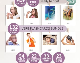 WERKWAARDEN FLASHCARDS met echte afbeeldingen -132 werkwoorden Flash-kaarten - actie, beweging, routine, staat Werkwoorden Flashcard-bundel - Montessori-werkwoordenkaarten