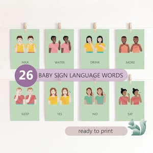 Babyzeichensprache Wörter, amerikanische Zeichensprache Baby Wörter Diagramm, Therapie Bürodekor, Sonderpädagogik, Montessori 3-teilige Karten