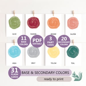 Colours Flash Cards, Base and Secondary Colors, Montessori Colors Flashcards, Pre-school Homescholling, Montessori and Toddler, 3 Part Cards