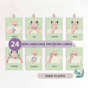 Cartões de sentimentos ASL, gráficos de emoções em linguagem de sinais americana, decoração de escritório de terapia, flashcards de educação especial ASL, cartões Montessori de 3 partes