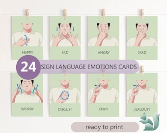ASL Feelings Cards, American Sign Language Emotions Charts, Therapy Office Decor, ASL Special Education Flashcards, Montessori 3 Part Cards