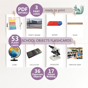 KLASSENZIMMER-OBJEKTE Lernkarten, Lernkarten für die Schule, dreiteilige Karten, Montessori-Kleinkinder, Lernkarten für Schulbedarf, Nomenklatur-Lernkarten