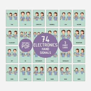 May include: A set of 20 illustrated cards with hand signals for electronics, including "Fan", "Fix", and "Computer". The cards are arranged in rows and columns, with a purple circle in the center that reads "74 Electronics Hand Signals".