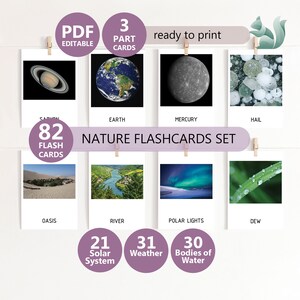 FLASHCARDS DA NATUREZA com imagens reais - 82 cartões flash editáveis sobre sistema solar, clima, corpos d'água, educacionais, pré-escolares