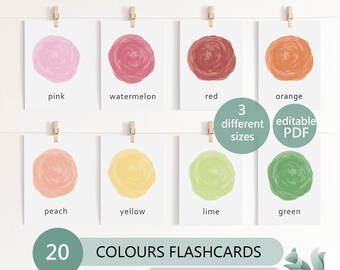 May include: Set of 20 printable color flashcards featuring different shades of pink, red, orange, peach, yellow, lime, and green. The flashcards are labeled with the color name and are ready to print in three different sizes. The text "3 different sizes" and "editable PDF" is also included in the image.