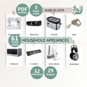 May include: A set of 61 printable flash cards featuring illustrations of household appliances and electronics. The cards are divided into two categories: 32 Electronics and 29 Gadgets. The cards are ready to print and are part of a 3-part series.