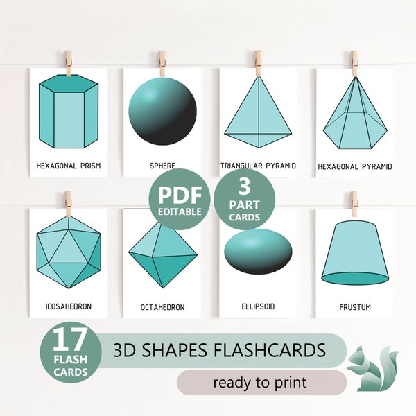 3D SHAPES Flashcards - 17 List of Three-Dimensional Geometric Shapes with Pictures, Nomenclature Flashcards, Three Part Cards, PDF Download