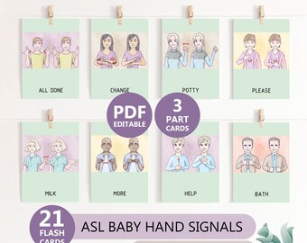 Puede incluir: 21 tarjetas de memoria imprimibles que muestran señales de lenguaje de señas para bebés. Cada tarjeta muestra dos ilustraciones de una persona firmando una palabra, como "leche", "más", "ayuda" y "baño". Las tarjetas están etiquetadas con la palabra que representan. El texto "PDF Editable 3 Part Cards" también es visible.
