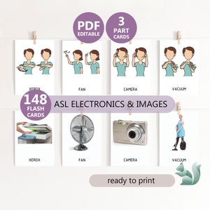 May include: A set of 148 printable ASL flash cards for learning sign language. The cards feature images and sign language illustrations for electronics and common objects, such as a Xerox machine, a fan, a camera, and a vacuum cleaner. The cards are ready to print and use for teaching or learning ASL.