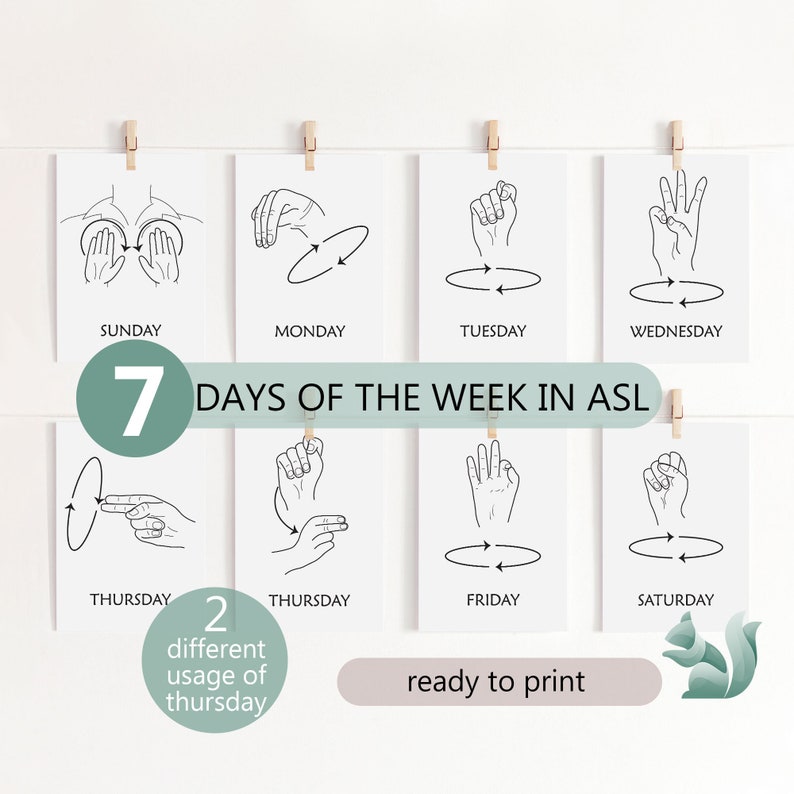ASL Days of the Week Flashcards, Kids Learning Chart (digital Download ...