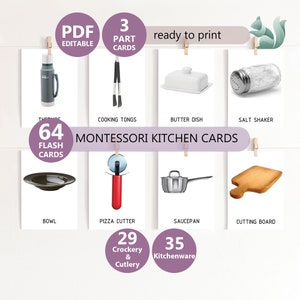 KITCHENWARE FLASHCARDS With Real Images - 64 Editable Kitchen Items Cards - Crockery , Cutlery, Kitchenware Flash Cards - 3 Part Card