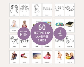 ASL Bedtime Flashcards, American Sign Language, Montessori (Digital Download)