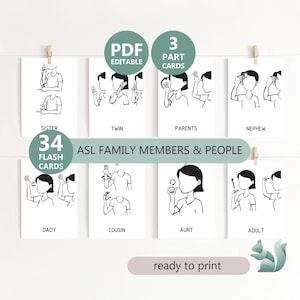 Miembros de la familia ASL y palabras de etapas, signos familiares del lenguaje de señas americano, signos de mano de los miembros de la familia, niños pequeños Montessori, educación especial