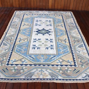 Vintage Turkish Area Rug, Blue and Beige Geometric Design, 6x8ft, Handwoven Wool Decor, Unique Ethnic Patterns, Soft Neutral Colors