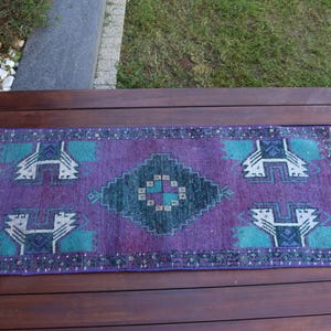 Turkish Rug, Small Rug, Vintage Turkish Carpet, Handwoven Kilim, 51x116cm, 2x4ft, Purple Bohemian Rug, Wool Area Rug, Geometric Pattern Rug