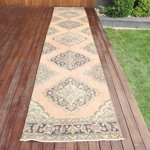 Vintage Turkish Runner Rug, 85x410cm, Handmade Oushak Carpet, 3x13ft, Beige Hallway Decor, Long Wool Rug, Elegant Floor Covering