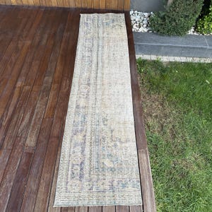 Vintage Rug, 2x9 Runner Rugs, Turkish Rug, Faded Anatolian Rugs, Rugs For Stair, 2x8.7 ft Blue Rug, Wool Rug With Tassels, Oushak Rug