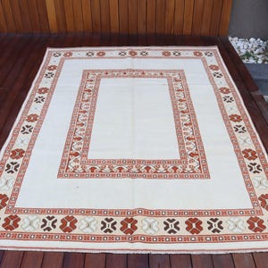 Vintage Area Rug 5.3x7.1 ft, White Brown Patchwork Rug Wool