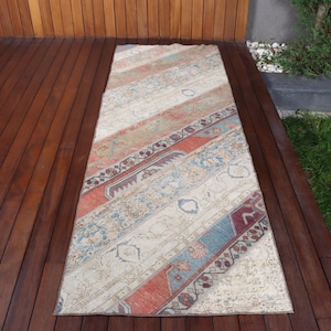 Turkish Vintage Runner Rug 2.8x8.2 ft, Blue Red Patchwork Wool Rug