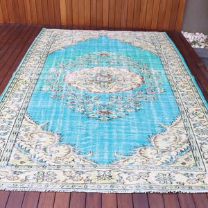 Vintage Turkish Area Rug, 6x10ft, Turquoise Blue with Traditional Patterns, Elegant Home Décor