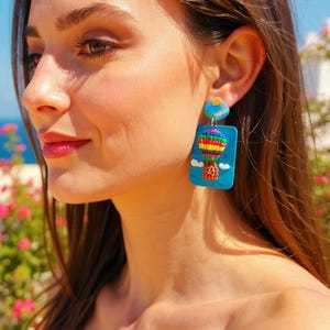 Handmade Polymer Clay Summer Earrings | Hot Air Balloon & Beach Scene Statement Earrings | Colorful Lightweight